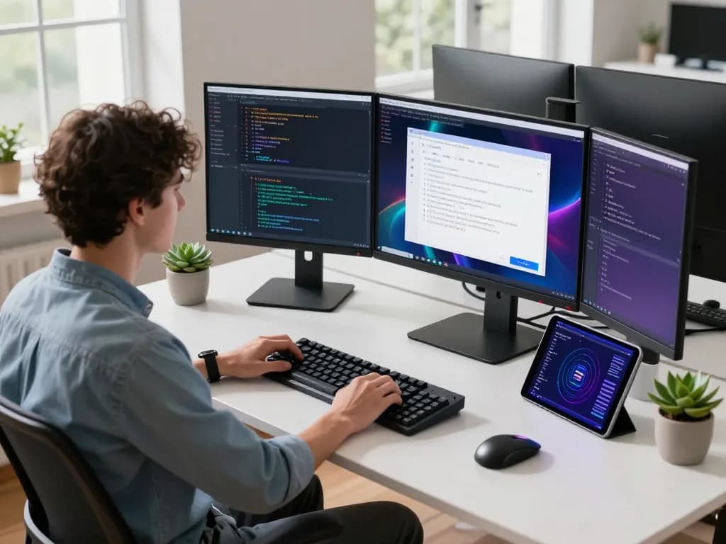 Developer coding AI chatbot features on multiple screens at modern workspace promoting crushonai.