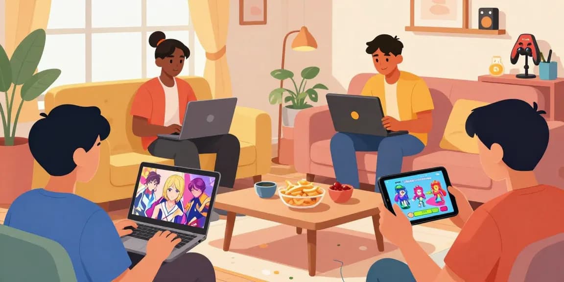 People enjoying adult games on devices in a cozy gaming room.