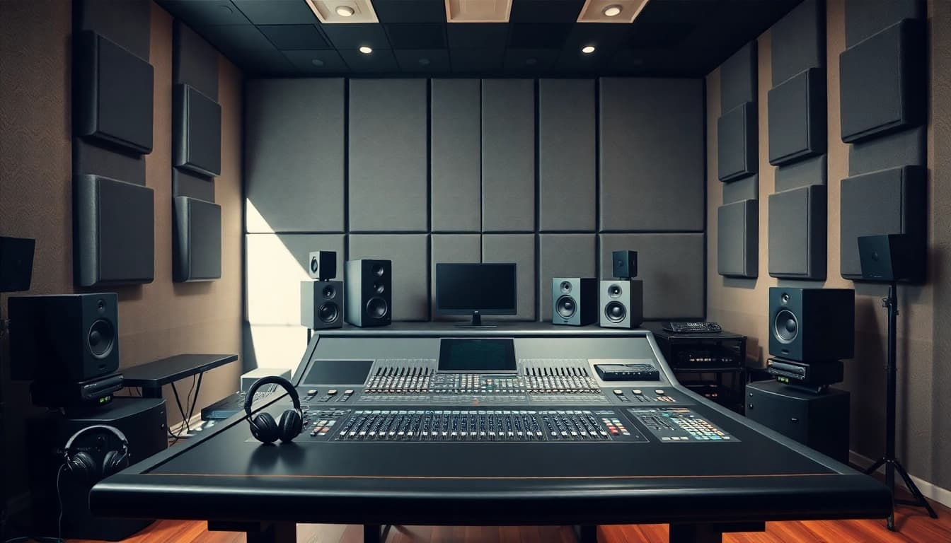 Experience online audio mastering in a vibrant professional studio filled with advanced audio equipment.