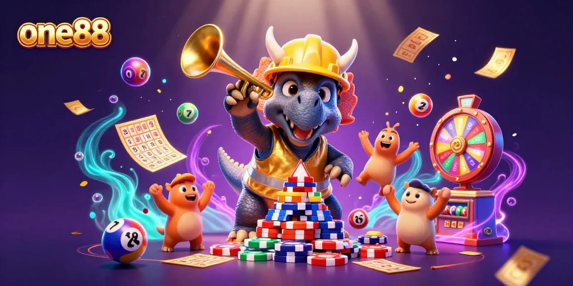 one88 celebrates with a triceratops and parasaurolophus in a vibrant casino scene filled with lottery and bingo elements