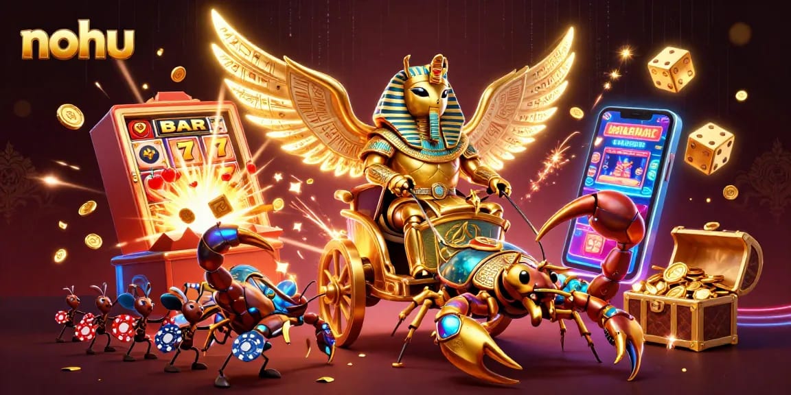 Experience the excitement of nohu casino with this vibrant golden scarab and dynamic gaming scene.