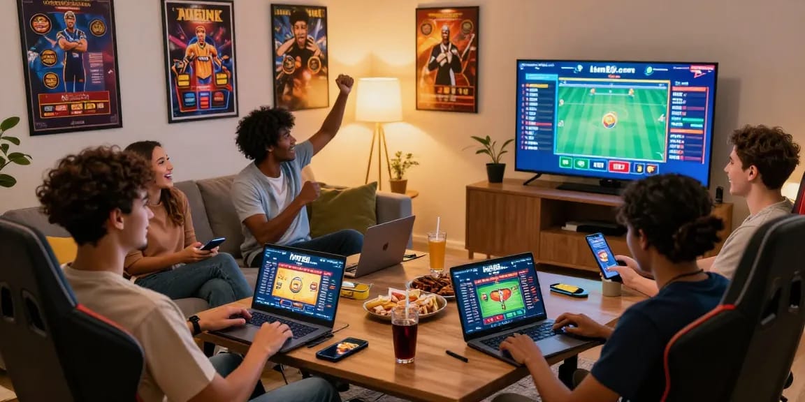 Friends enjoying online betting on hm88.com in a vibrant gaming environment with laptops and lively decor.