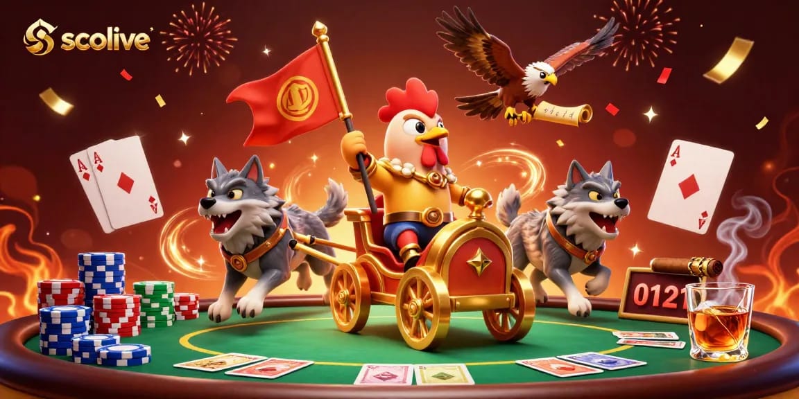 Join the action on socolive with a vibrant and dynamic illustration of a rooster warlord in a casino showdown.