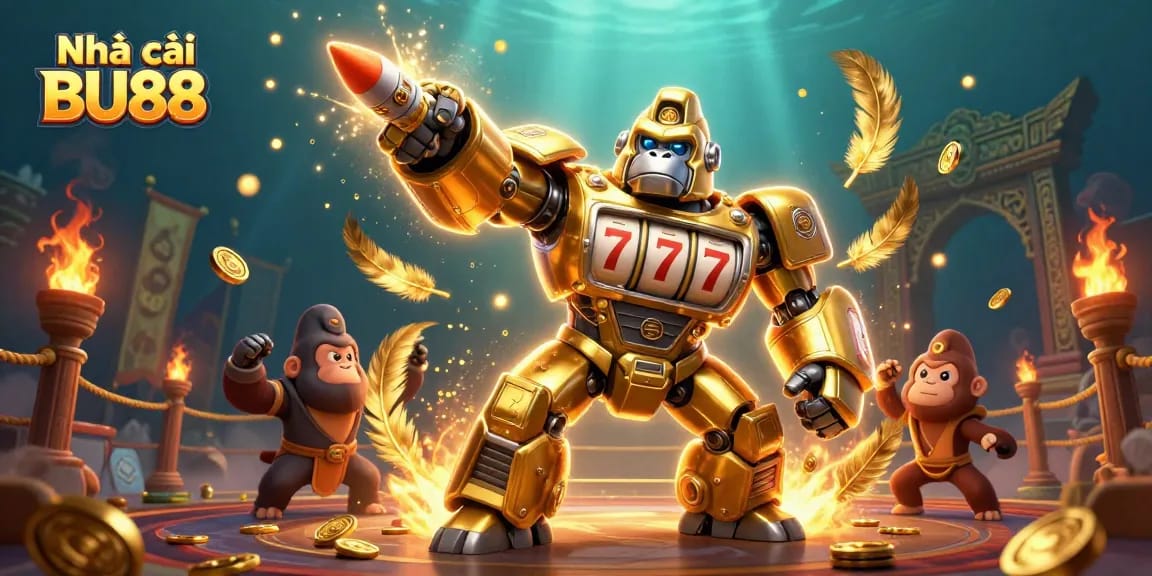 Experience thrilling action with Nhà cái BU88's golden gorilla mech in a dynamic casino battle scene.