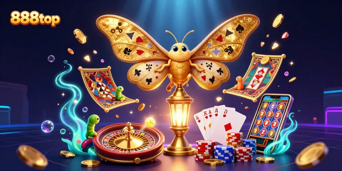 Experience excitement at 888top with vibrant casino elements and golden visuals.