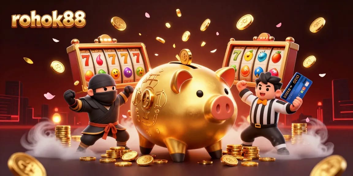 Watch the rokok88 sumo wrestler piggy bank shake loose gold coins in this vibrant casino scene.