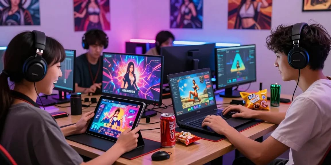 Engaged players enjoying free hentai games on tablets and laptops in a vibrant gaming setup.