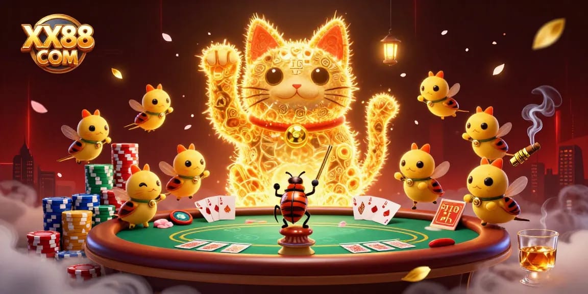 Interact with the vibrant world of XX88 COM, where golden fireflies form a lucky cat amidst dynamic casino symbols.