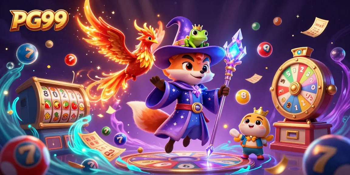 An enchanting PG99 scene with a wizard fox, phoenix, and dynamic casino elements illustrating online gambling excitement.
