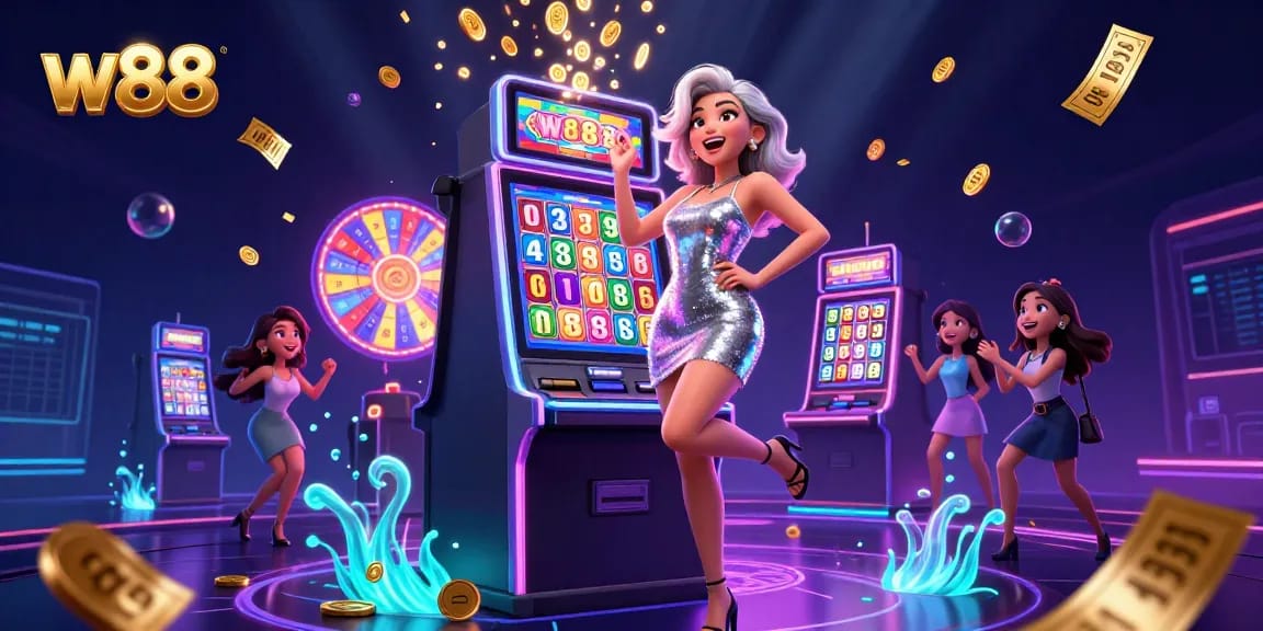 w88 slot machine celebration with golden coins and vibrant lottery elements showcasing casino excitement