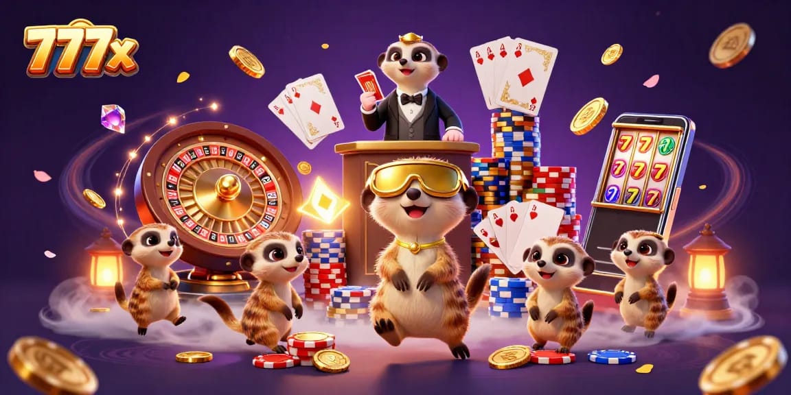 Engage in thrilling bets at 777x with meerkats running a vibrant casino operation.