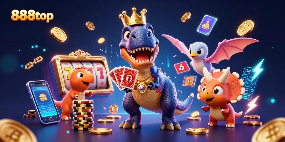 Spin slots and win big at 888top with the friendly dinosaur and neon gaming elements.