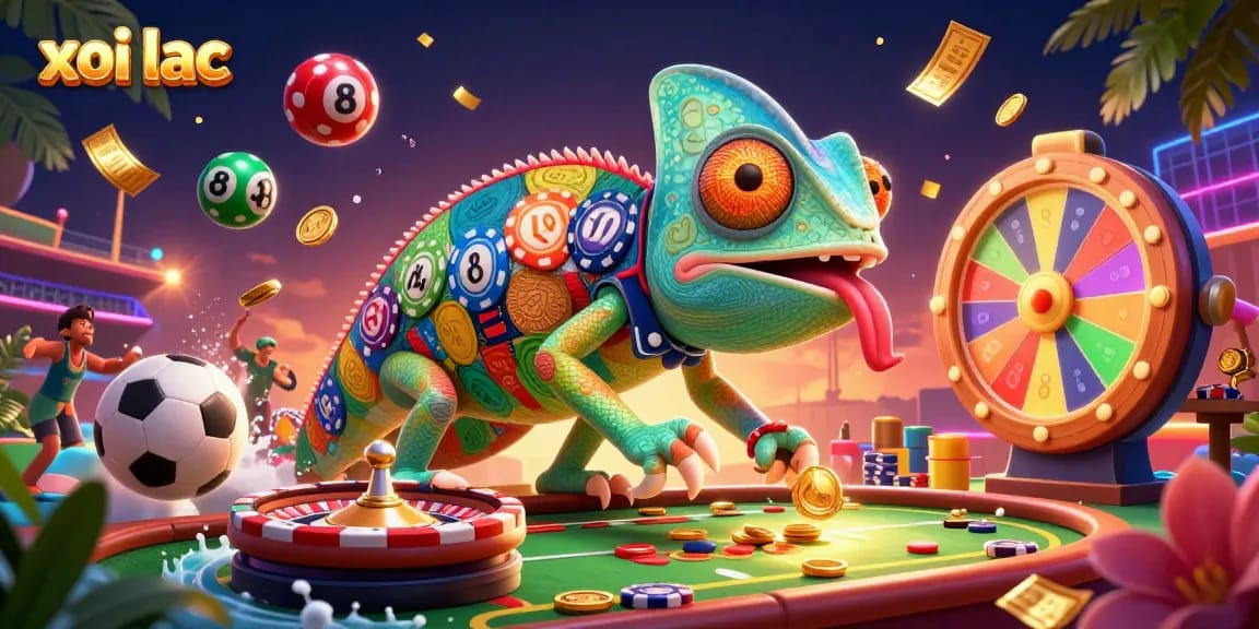 xoi lac sports betting scene, dynamic chameleon casino owner with golden coins, vibrant atmosphere