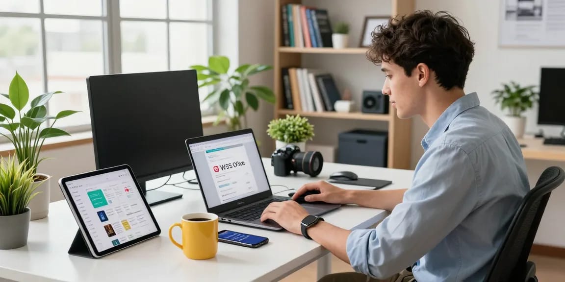 WPS Download in a modern workspace with a laptop and tablet, showcasing productivity tools.
