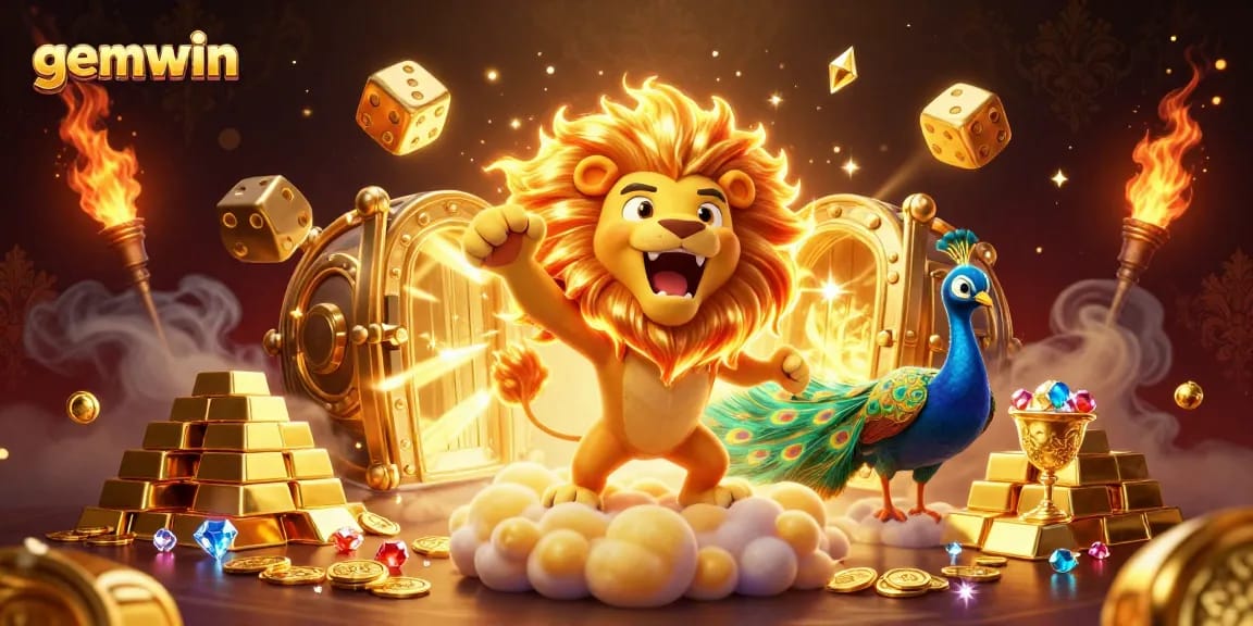Experience excitement at gemwin with vibrant casino elements and a roaring lion surrounded by treasures.