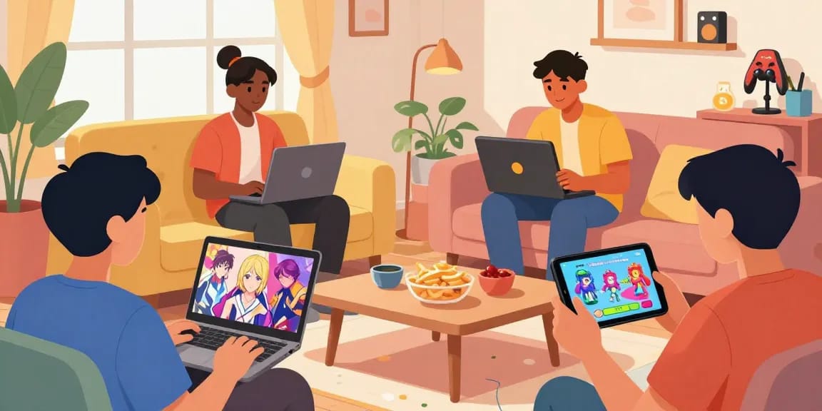 People enjoying adult games on devices in a cozy gaming room.