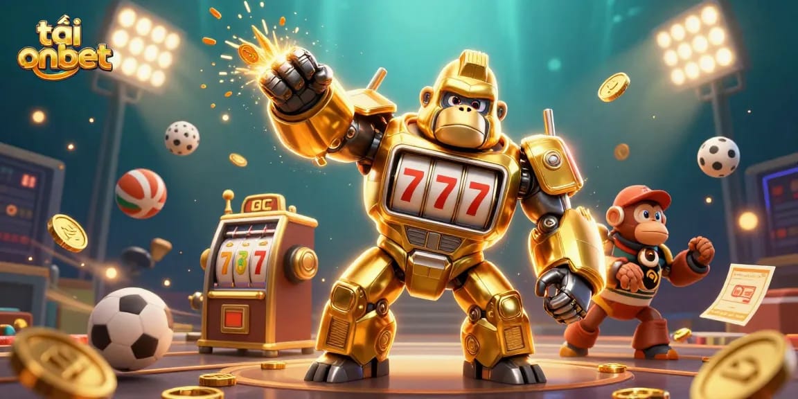 Experience the excitement of tải onbet with a 3D golden gorilla mech and flying sports elements.