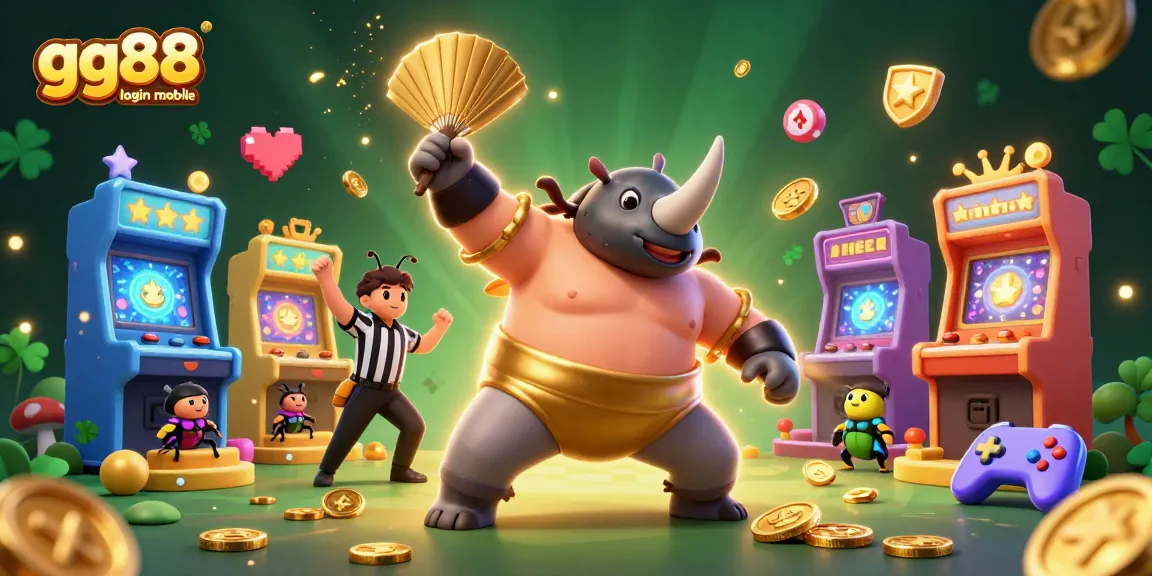 Experience the exhilarating gg88 login mobile in a vibrant casino scene, showcasing a sumo beetle champion.