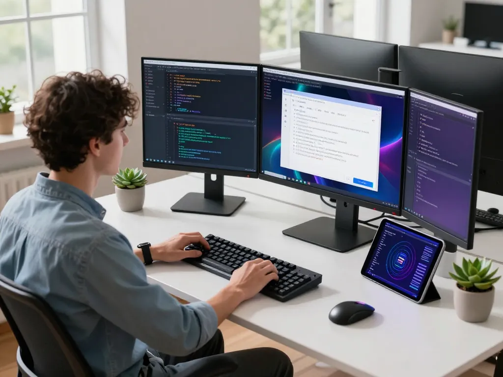 Developer coding AI chatbot features on multiple screens at modern workspace promoting crushonai.