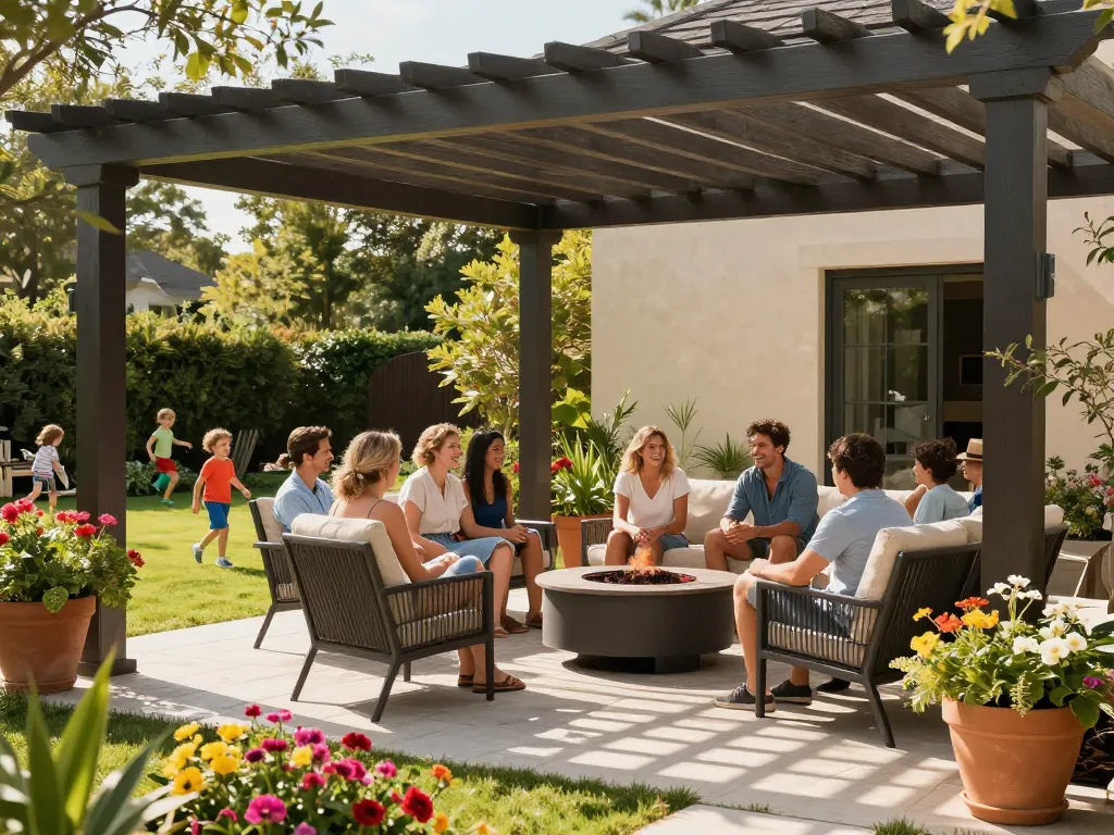 Modern 3D pergola enhancing a sunny outdoor gathering with family.