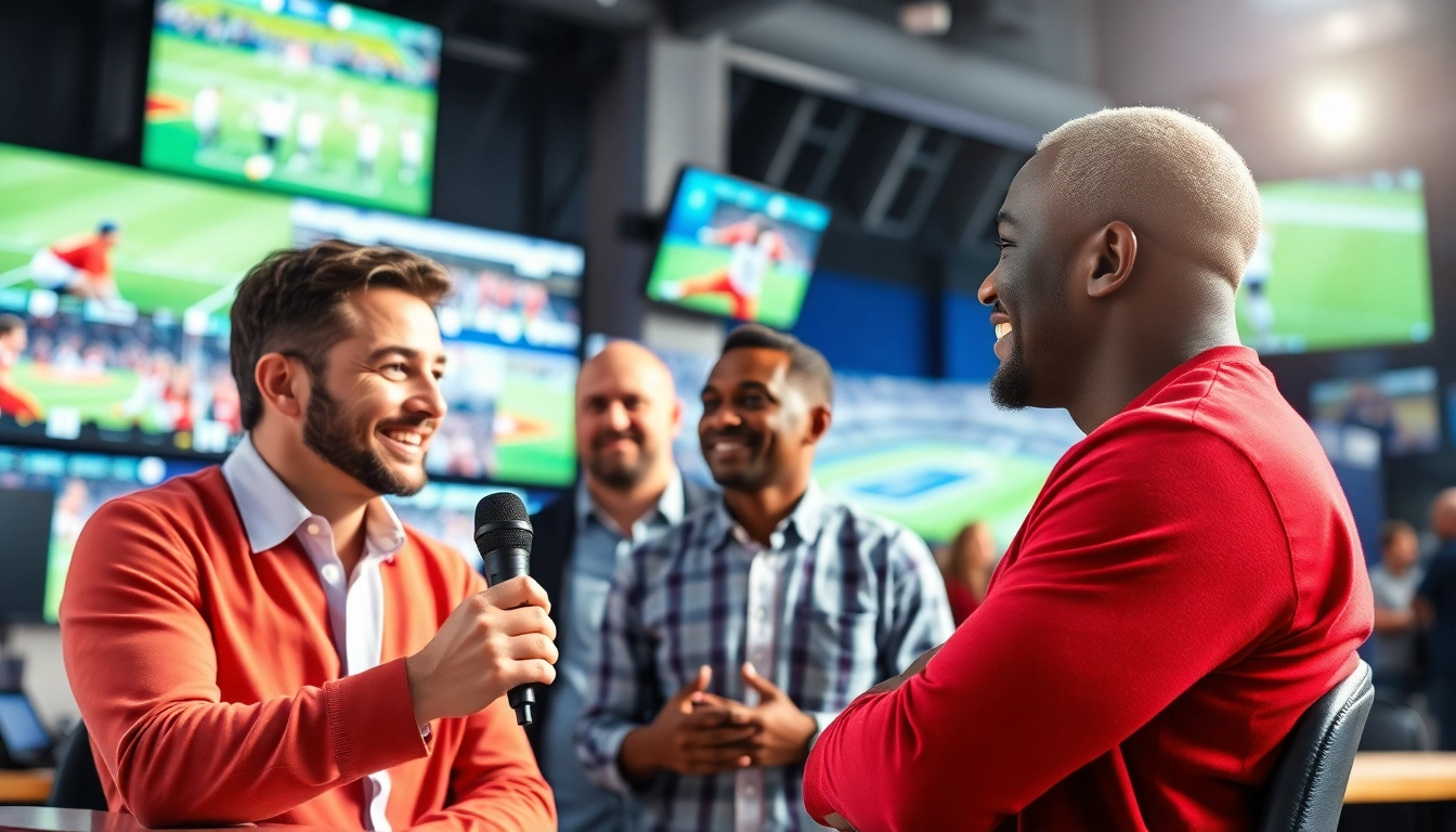 Sports Broadcasting professionals discussing major events in a dynamic studio setting.