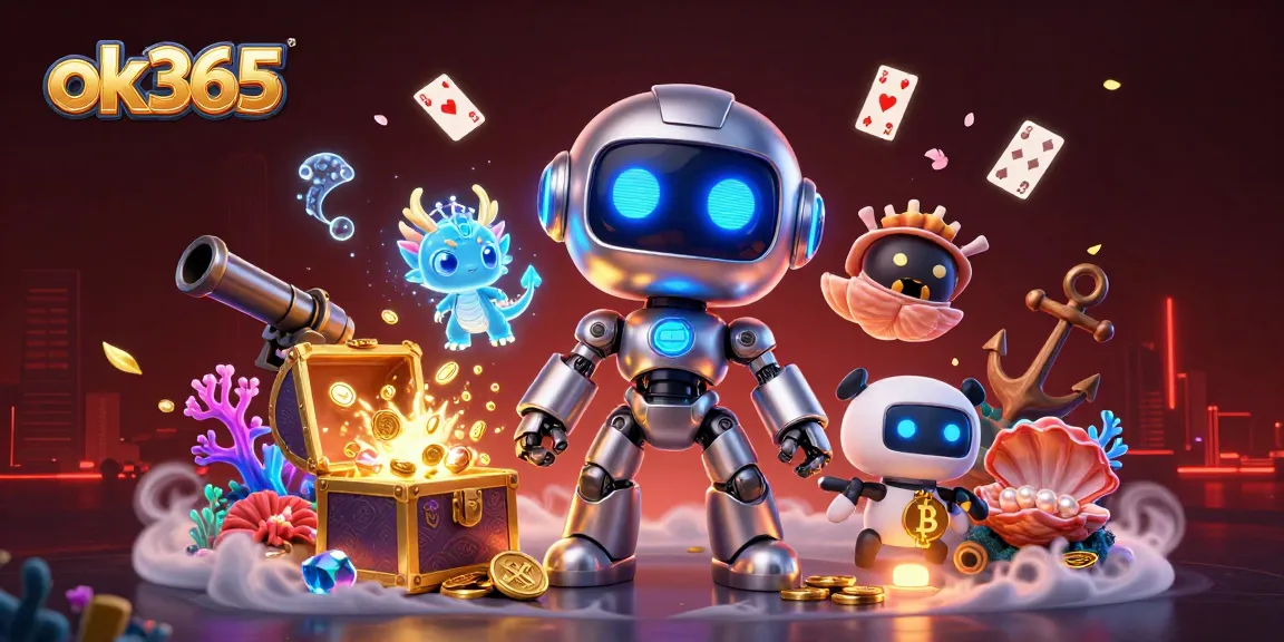 Experience thrilling gameplay at ok365 with a cyberpunk mascot, digital dragon, and bitcoin drone in a vibrant casino setting.