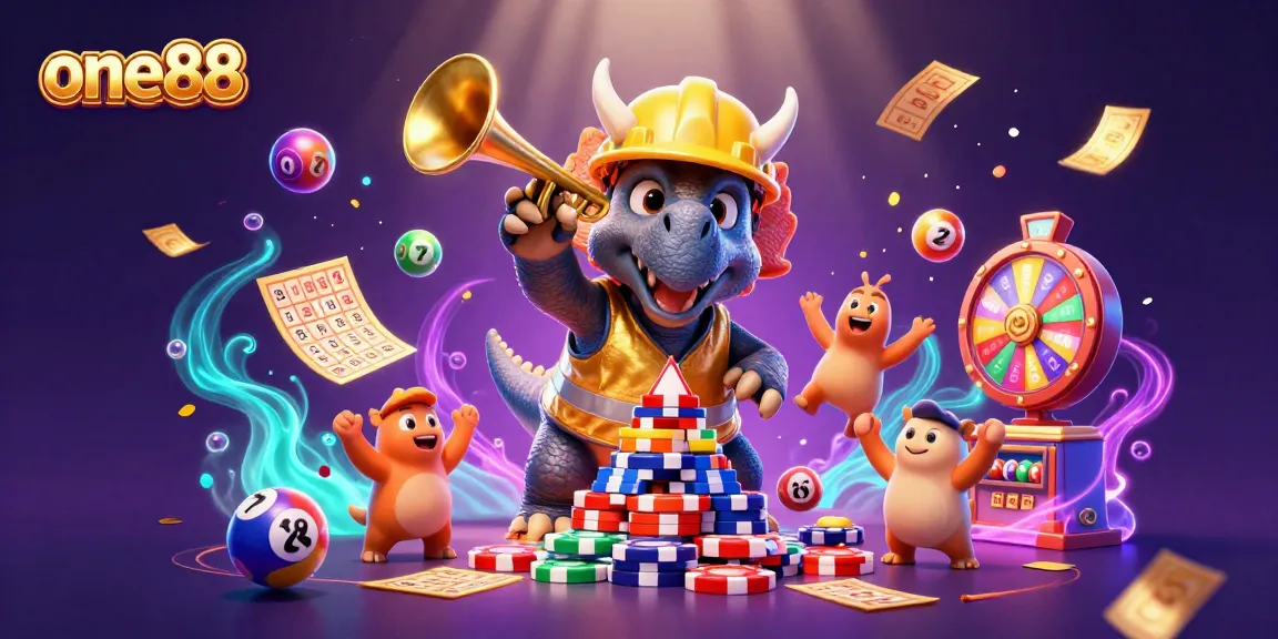 one88 celebrates with a triceratops and parasaurolophus in a vibrant casino scene filled with lottery and bingo elements