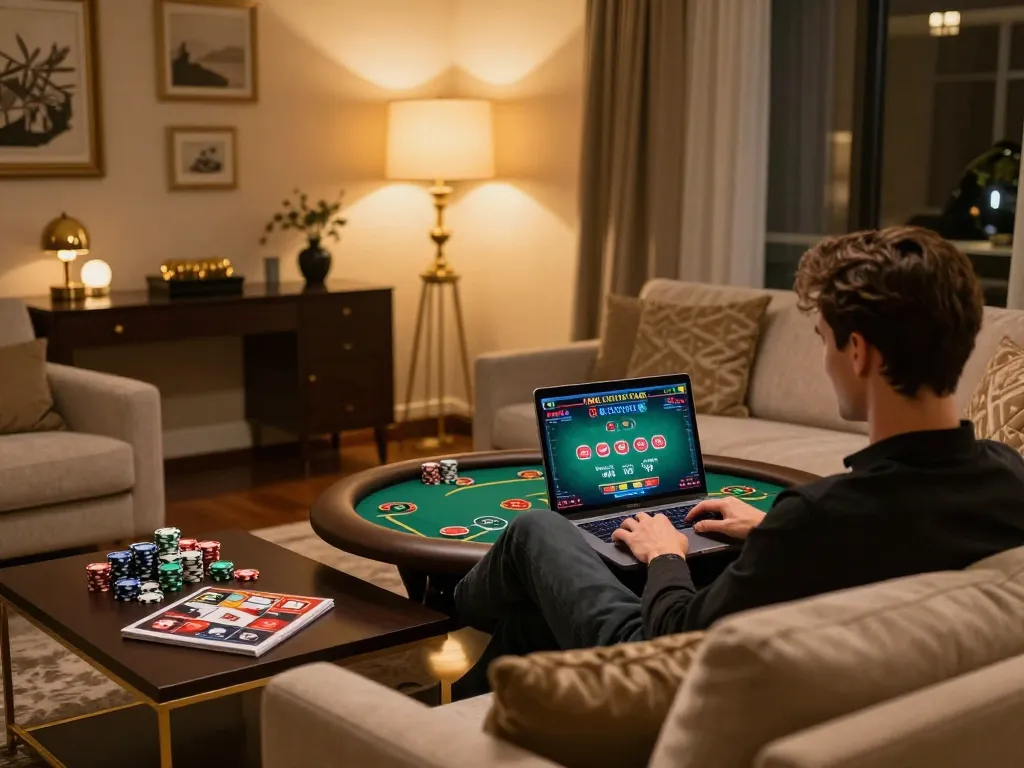 Engaged player enjoying 789WIN live dealer casino game on laptop in a cozy home setting