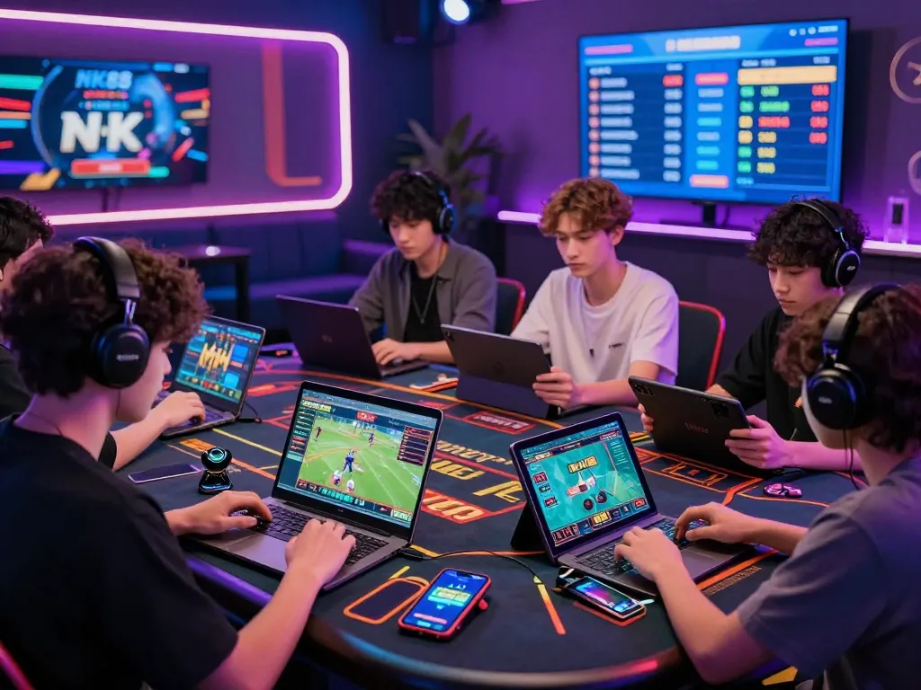 Gen Z players actively engaging with NK88 for live sports betting and casino games in an energetic lounge setting.