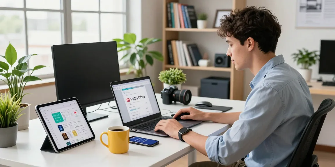 WPS Download in a modern workspace with a laptop and tablet, showcasing productivity tools.