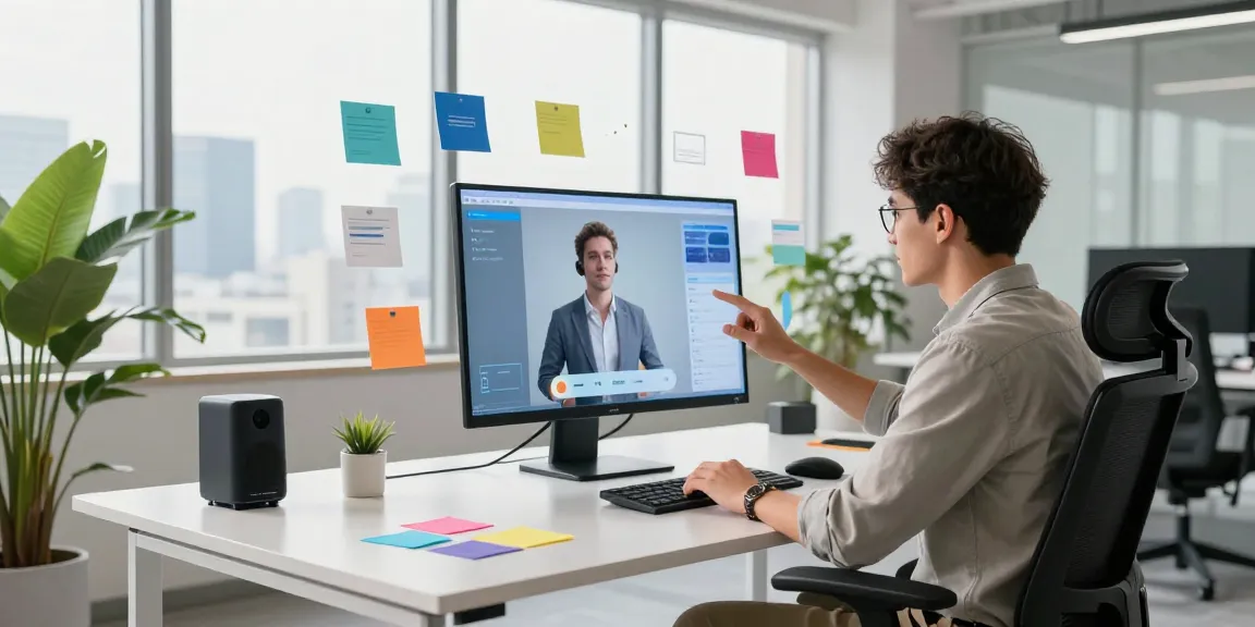 Engaging interaction with spicy ai virtual assistant in a modern workspace.