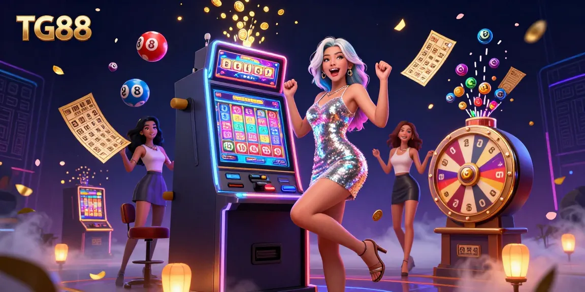 Experience the excitement of TG88 with a vibrant casino scene filled with slots, lottery balls, and celebratory moments.