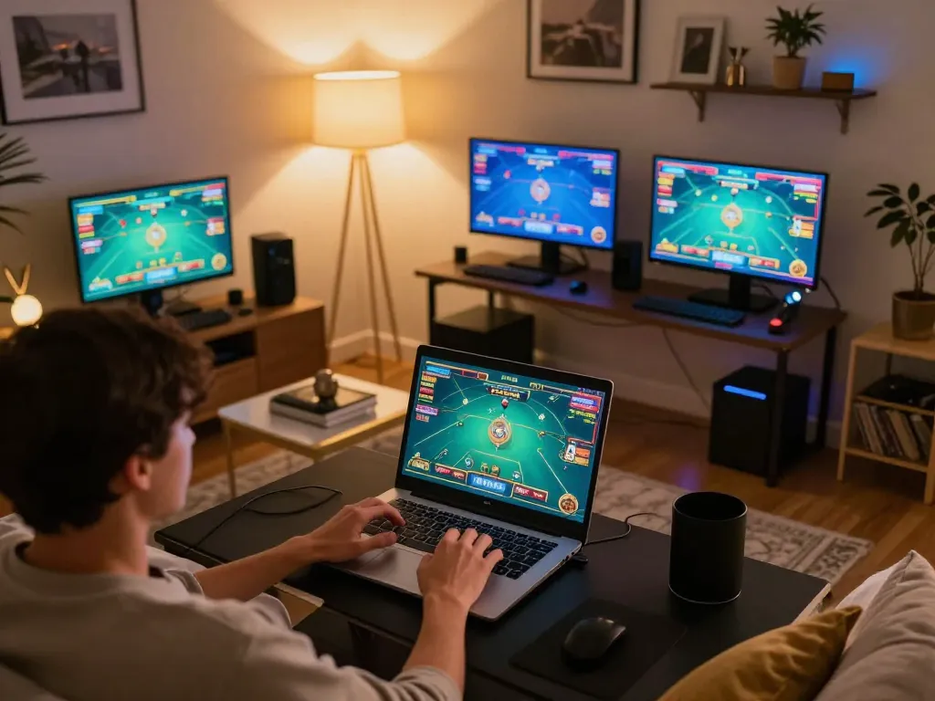 Online gameplay at trang chủ au88, featuring dynamic live dealer action on a cozy laptop setup