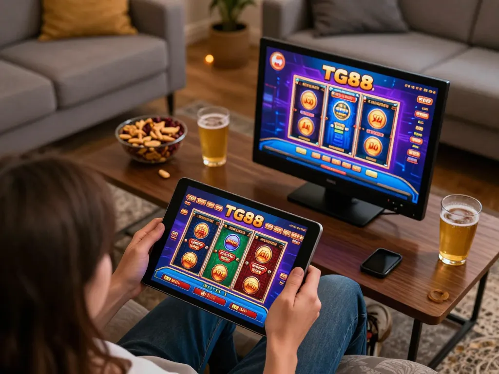 TG88 user enjoying online casino gameplay on tablet in a cozy living room setting.