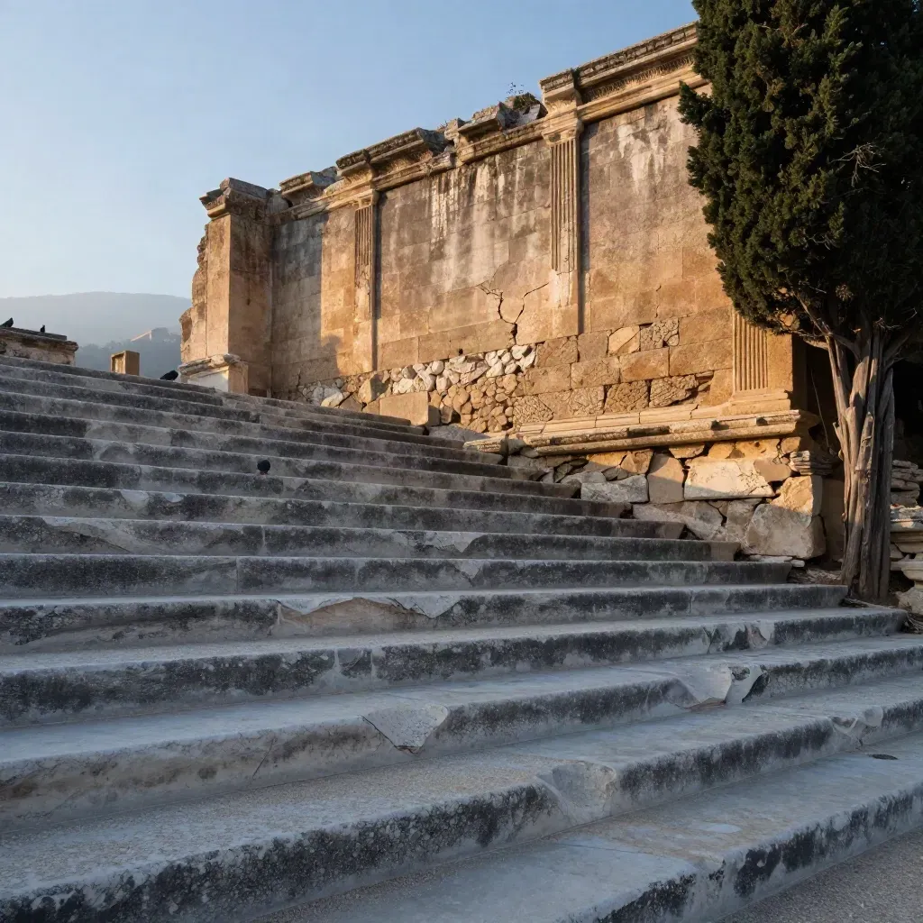 Gradini antichi di Roma all’alba con muro di rovina, cipresso e colombi in volo.