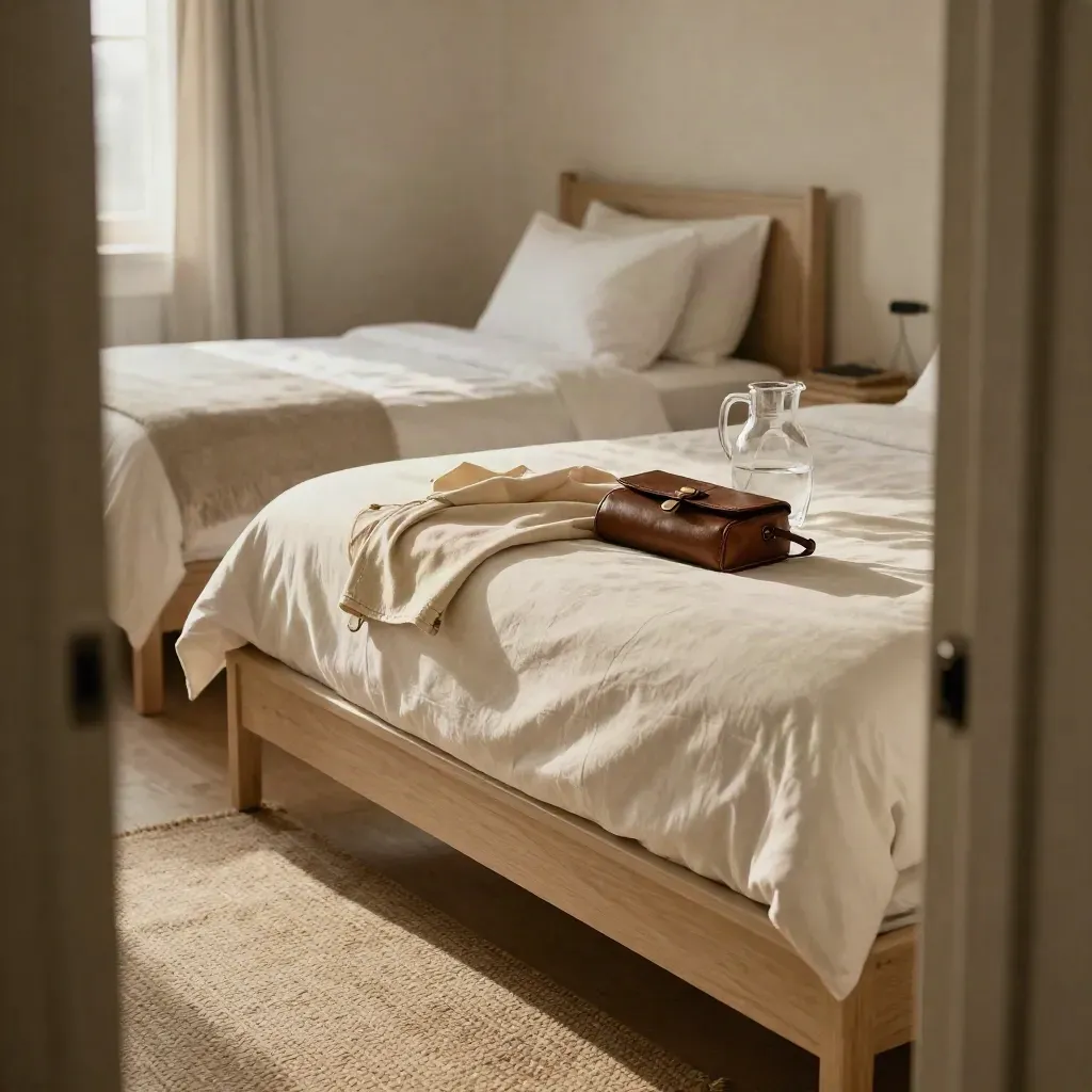 Stanza semplice di guesthouse con due letti gemelli, borsa da viaggio e portabiglietti chiuso