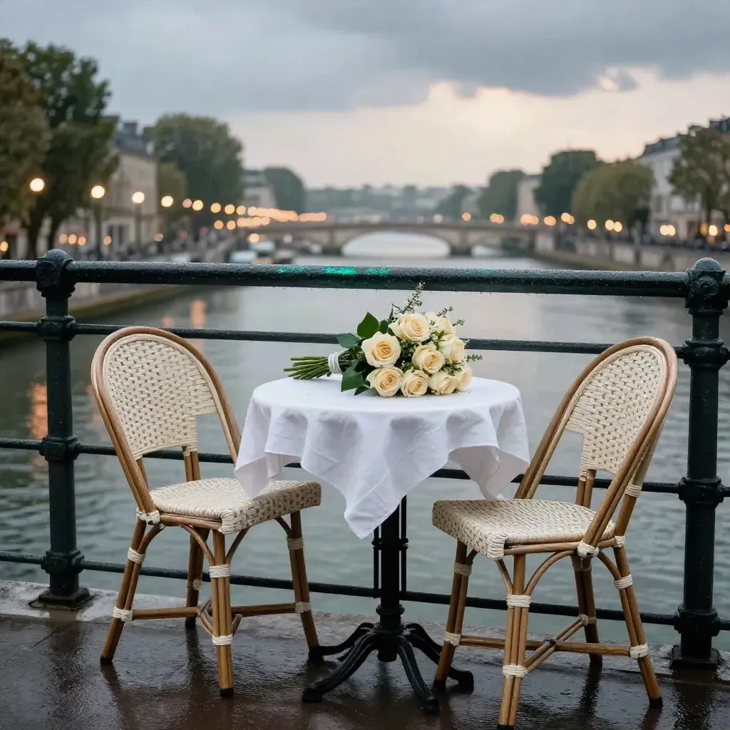 Ponte sulla Senna al crepuscolo con sedie di un bistrot, bouquet e luci riflesse.