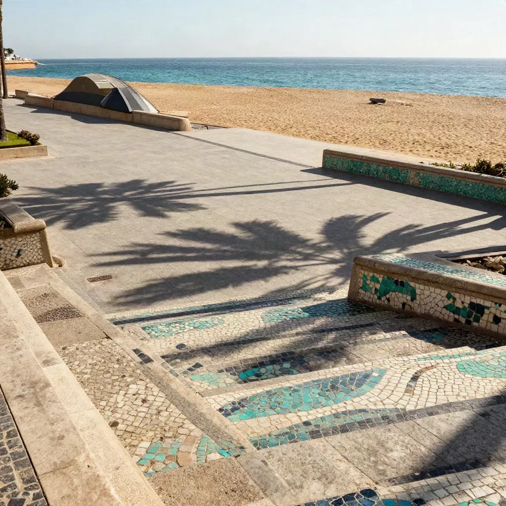 Passeggiata sul mare a Barcellona con scale a mosaico, ombre di palme e mare sullo sfondo.