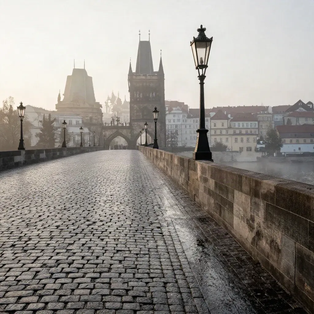 Ponte di pietra a Praga all’alba, con nebbia sul fiume e torri gotiche sullo sfondo