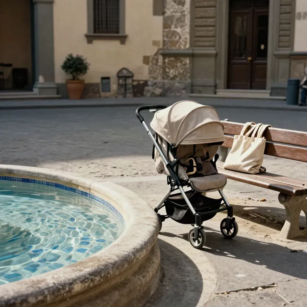 Passeggino e panca in una piazza fiorentina, con fontana e pietra del museo in luce morbida.
