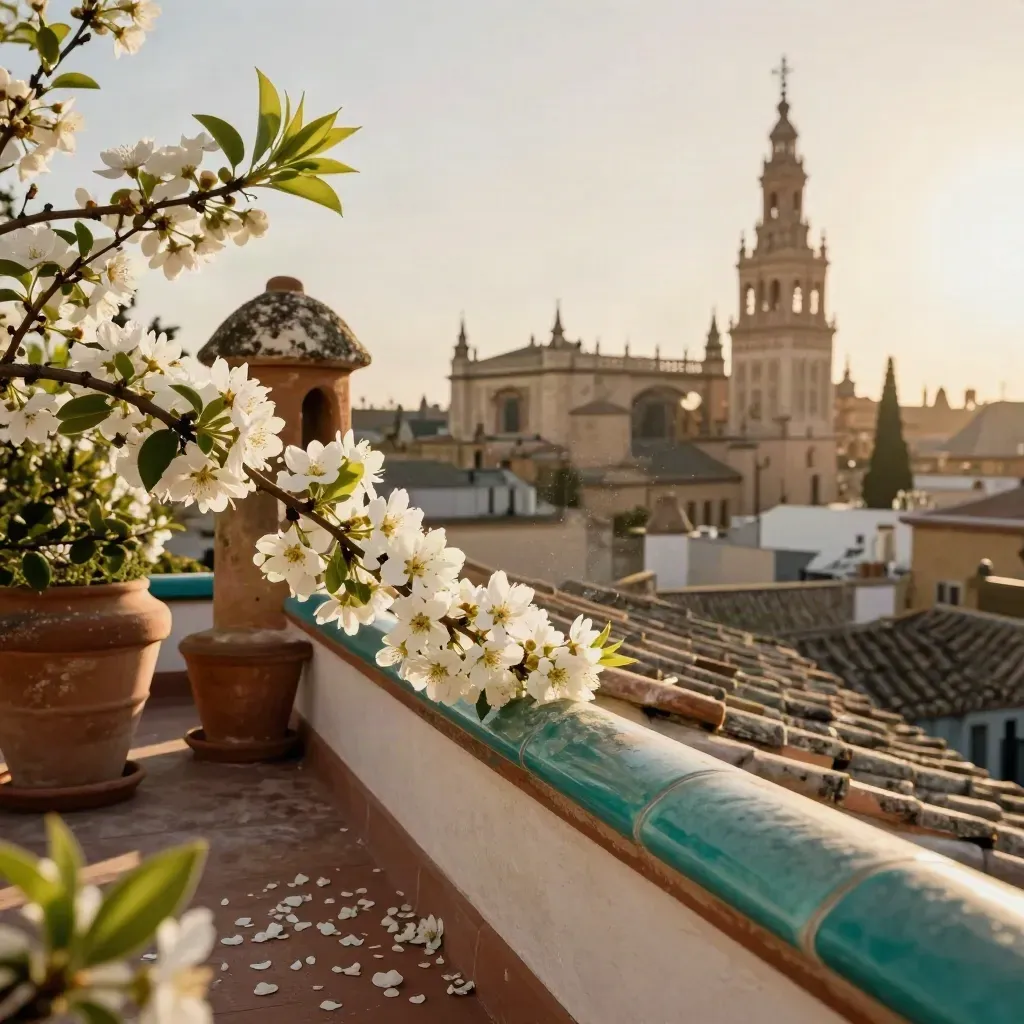 Terrazza sui tetti di Siviglia con fiori d’arancio e torri della cattedrale al tramonto.