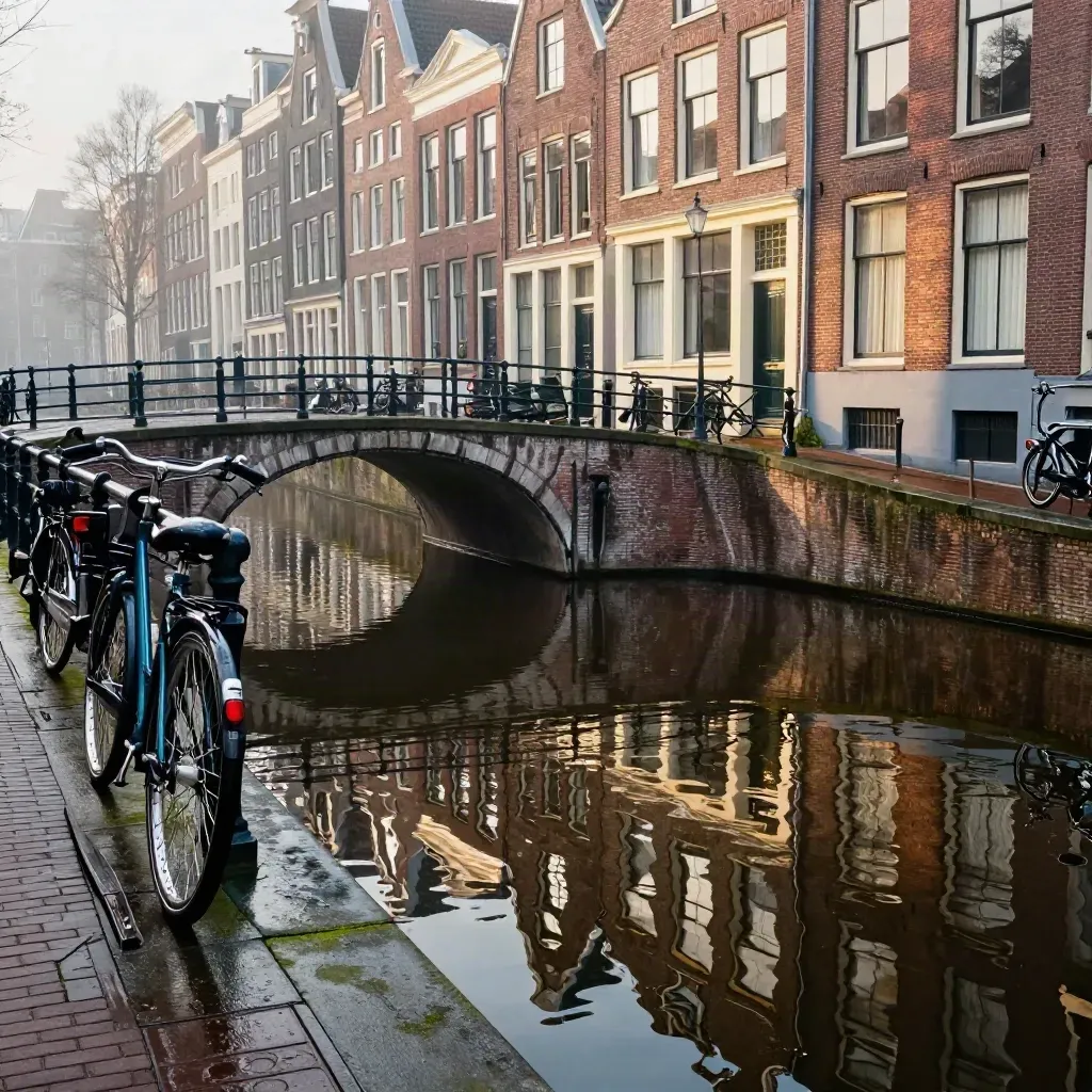 Canale di Amsterdam all’alba, biciclette e ponte riflessi nell’acqua calma