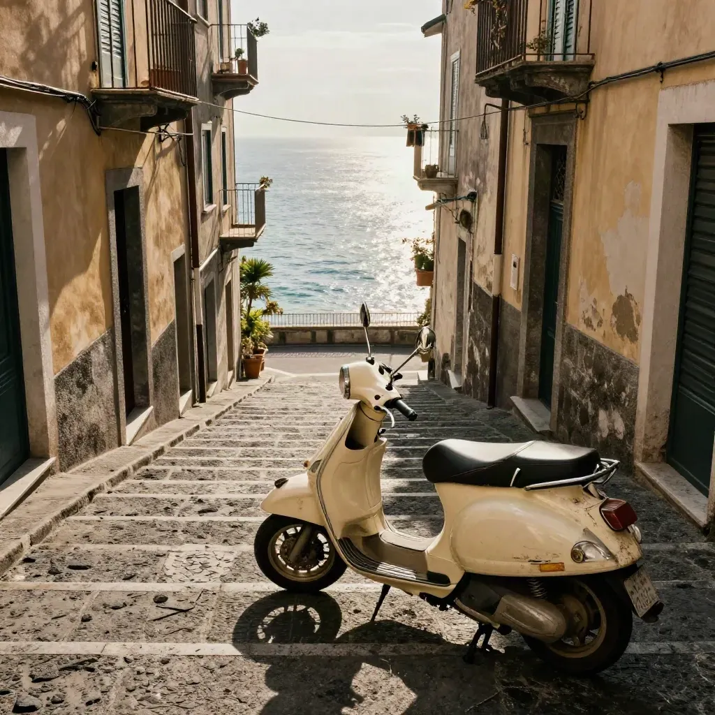 Scalinata napoletana in salita con scooter, mare in fondo e luce dorata.