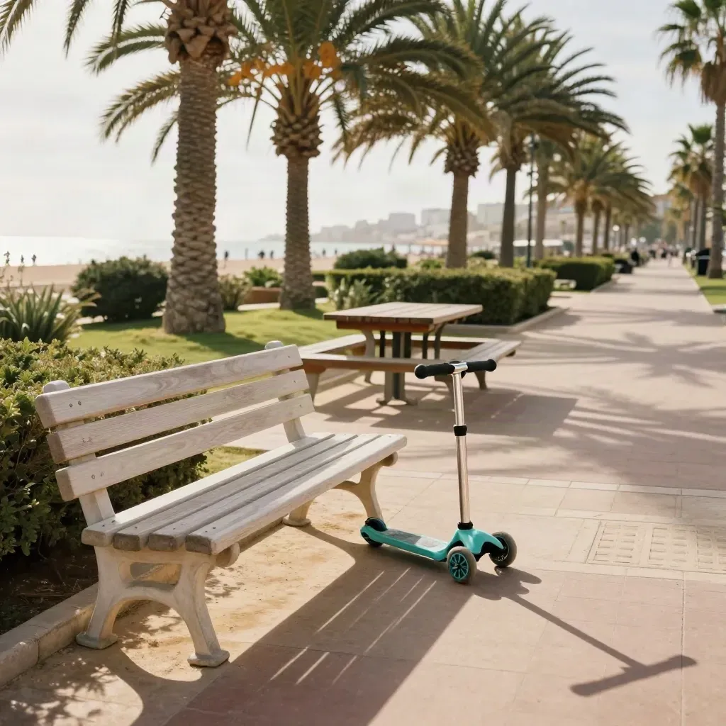 Sentiero di un parco a Valencia con panchina, tavolo da picnic e monopattino turchese.