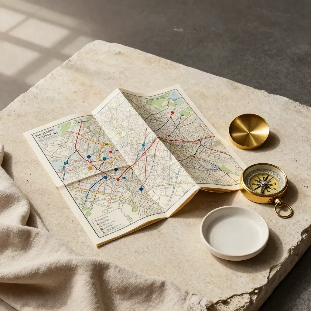 Mappa piegata, bussola in ottone, tessuto lino e ciotola su pietra chiara.