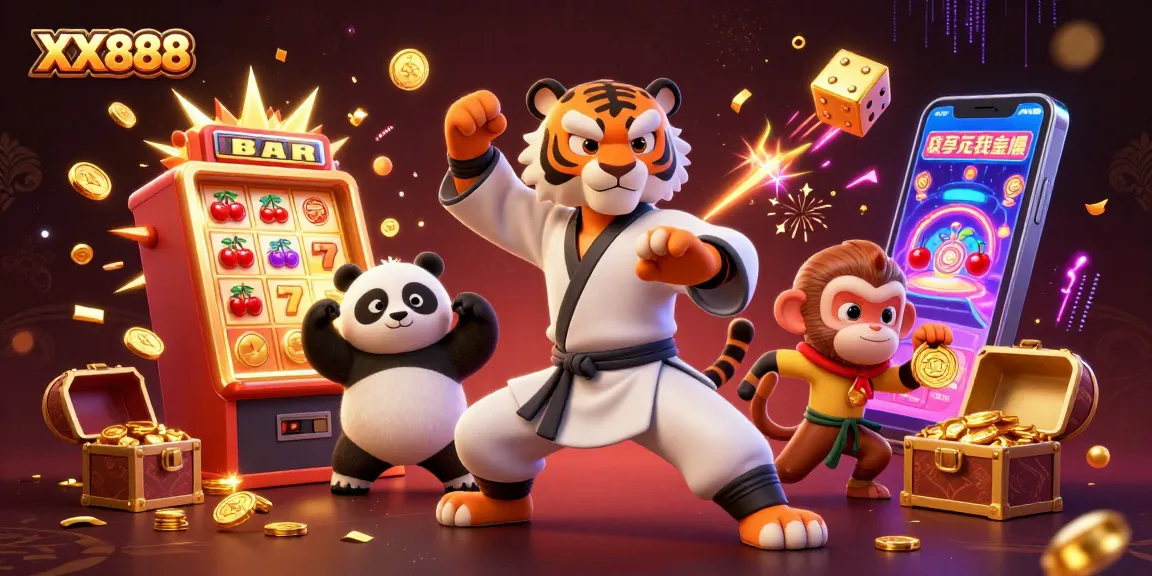 Play thrilling games at XX888 Casino featuring a kung fu tiger and panda amidst jackpot excitement.