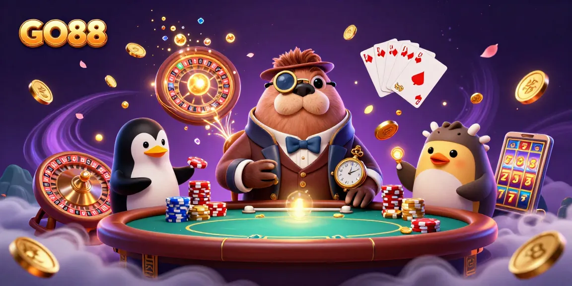 Experience the excitement of GO88 with a jolly walrus, penguin dealer, and pufferfish player at an underwater poker table.