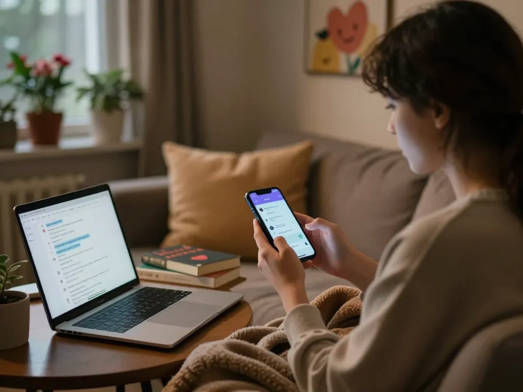 Engaging in a sex AI chat in a cozy, intimate environment filled with warm lighting and personal touches.