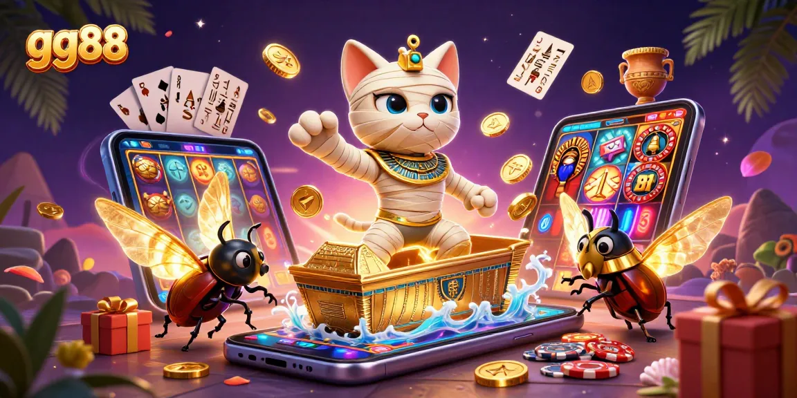 Experience dynamic gaming at gg88 with a lively 3D scene featuring an Egyptian mummy cat, glowing scarab, and casino games.