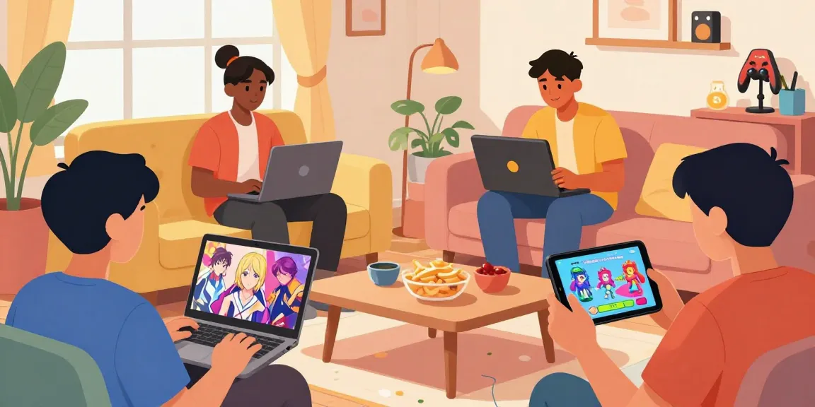 People enjoying adult games on devices in a cozy gaming room.
